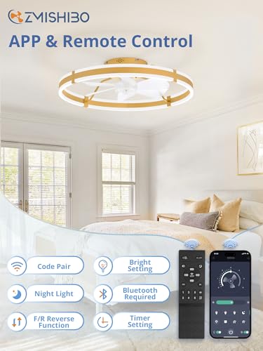 ZMISHIBO 24 Inch Ceiling Fans with Lights and Remote, Modern Low Profile Ceiling Fan, 3000-6000K Dimmable Flush Mount LED Fan Light, 6 Wind Speeds, Fandelier Ceiling Fans for Bedroom- Gold - color: Gold, size: 24 INCH