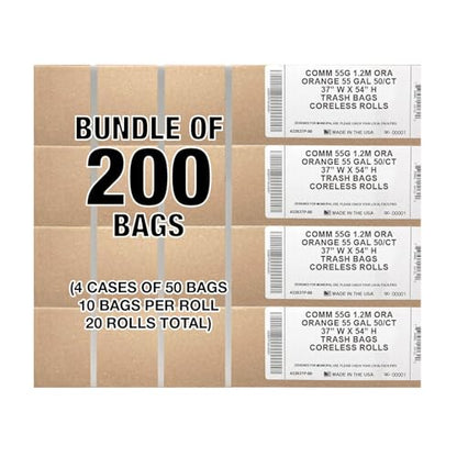 Ultrasac Heavy Duty 55 Gallon Orange Trash Bags - (Value 200 Pack) - 1.5 MIL equivalent Industrial Strength Plastic 37" x 54" for 50-55 Gal Cans -Fits Toter, Rubbermaid Brute, Carlislie Bronco etc. - color: Orange, style: 50-55 Gal, 1.5 Mil Equiv, 200 Cou