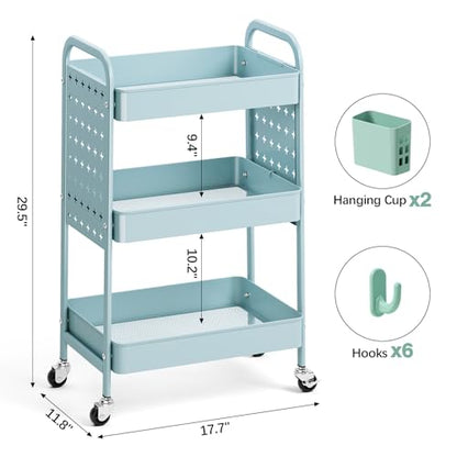 KINGRACK 3 Tier Rolling Cart with DIY Pegboard, Metal Utility Cart with Wheels, Hooks & Baskets, Sturdy Storage Organizer for Craft, Bathroom, Kitchen, Office, Nursery, Classroom（Blue） - color: Blue