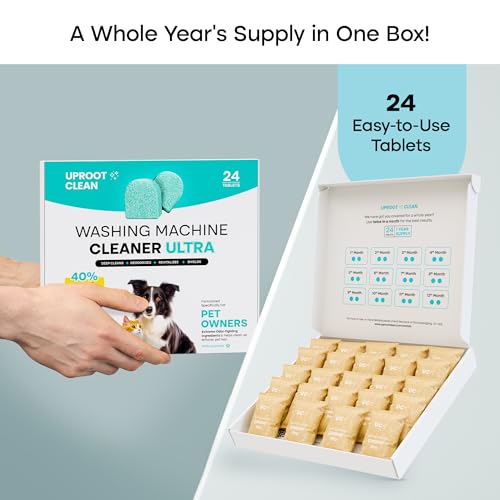 Uproot Clean Washing Machine Cleaner Tablets Ultra - 40% Stronger Formula: Designed for Pet Owners, Remove Residue, Grime & Odors, Compatible with HE, Top & Front Load, 24 Pack - 12 Month Supply - style: Ultra