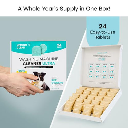 Uproot Clean Washing Machine Cleaner Tablets Ultra - 40% Stronger Formula: Designed for Pet Owners, Remove Residue, Grime & Odors, Compatible with HE, Top & Front Load, 24 Pack - 12 Month Supply - style: Ultra