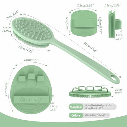 Silicone Back & Face Scrubber & Bath Glove Set 3PCS, 13.4'' Gentle Back Scrubber with Dual-Side Head, 360° Anti-Slip Bath Glove, Unique Side-bristled Face Scrubber for All-round Cleaning(Green) - color: Green*3