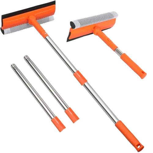 Professional Window Squeegee with 10-55" Extension Poles,2 in 1 Window Cleaner with Long Stainless Steel Handle,Sponge Car Window Squeegee for Gas Station, Glass,Shower