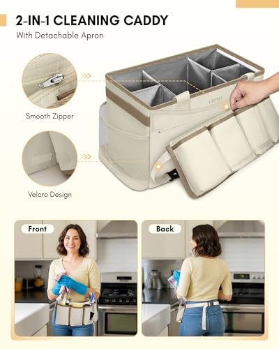 Ytonet Extra Large Cleaning Caddy Bag with Detachable Apron, Cleaning Supplies Organizer with Foldable Dividers, Portable Cleaner Tote with Handle, Cleaner Caddy for Kitchen, Detailing Bag, Apricot - color: Apricot