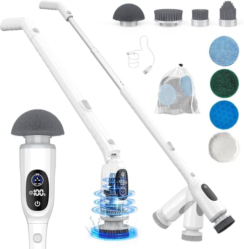 Electric Spin Scrubber, 200Mins Runtime Bathroom Scrubber with 3-Speed & LCD Display, Full-Body IPX7 Shower Scrubber with 8 Heads for Bathtub Kitchen Floor Grout, 53IN Extendable Handle
