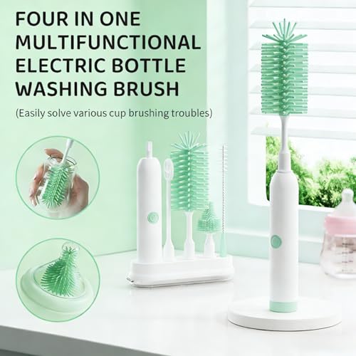Rechargeable Electric Bottle Brush with Stand - 360° Spin Silicone Cleaner for Baby Bottles, Breast Pumps & Small Household Containers (Light Green) - color: Light Green