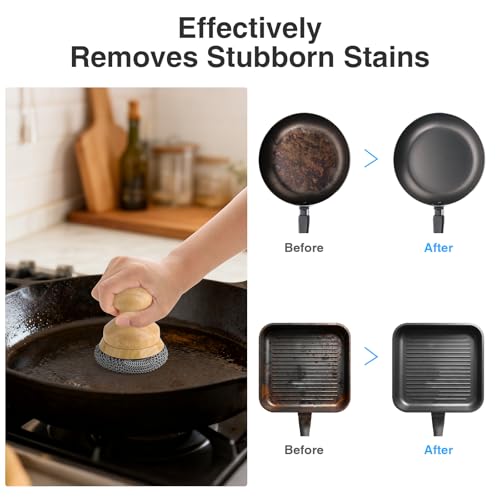 Cast Iron Scrubber and Scraper,Chain Mail Cleaner with Bamboo Handle & Draining Tray,316 Stainless Steel Brush for Cleaning Pots,Pans,Wok,Bakeware,Griddles, Grills,Dishes (Small Chain Mail) - size: Small chain ring