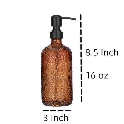 2-Pack Dimpled Finish Amber Glass Soap Dispensers with Matte Black Stainless Steel Pumps, 16 oz Refillable Bottles for Kitchen & Bathroom (Amber Dimpled Finish-Black Pump)