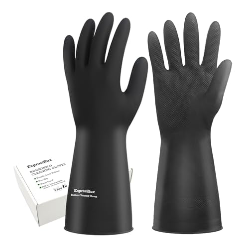 Heavy-Duty Thick Black Rubber Cleaning Gloves - 3 Pairs, XL | Reusable & waterproof black/orange dual layers. Non-slip design for dishwashing, kitchen cleaning, and auto care. - size: X-Large