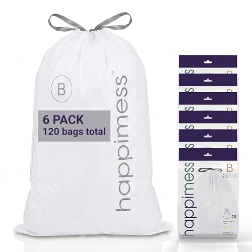 happimess 5.3 Gallon (20L) Drawstring Trash Bags, Unscented, White, Heavy Duty LDPE Liners for Kitchen and Household, Custom Fit 120 Count (6 Packs of 20 Liners) HPM3000B-W-6SET - color: White, size: 120 Count (Pack of 1)