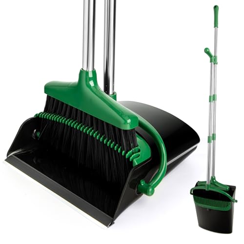 Broom and Dustpan Set with Long Handle, Light Weight Stainless Steel Poles Stand Upright Dustpans with Broom Combo for Home Kitchen Office Pet Dog Hair, 1-Pack(Black Green) - color: Black Green