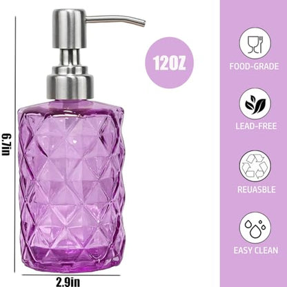 12Oz Purple Glass Soap Dispenser with Stainless Steel Pump, Refillable Kitchen Liquid Hand Soap Dispenser with Diamond Design, for Dispense Hand soap, Dish Soap, Lotion, Bathroom, Countertop, Hotel - color: Purple Diamond