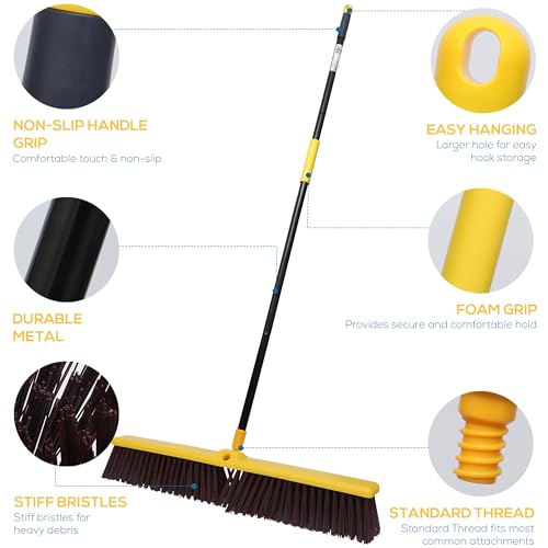 KLEEN HANDLER 24" Heavy Duty Push Broom with 61" Long Extendable Metal Handle with Threaded Plastic Screw for Deck Driveway Garage Yard Patio Warehouse Hard Floor Cleaning - style: 24" Push Broom