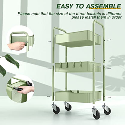 LEHOM 3 Tier Rolling Cart, Metal Rolling Utility Cart with Lockable Wheels & Hooks, Multi-Functional Heavy Duty Storage Cart Organizer for Bathroom, Kitchen, Office, Living Room - color: Green