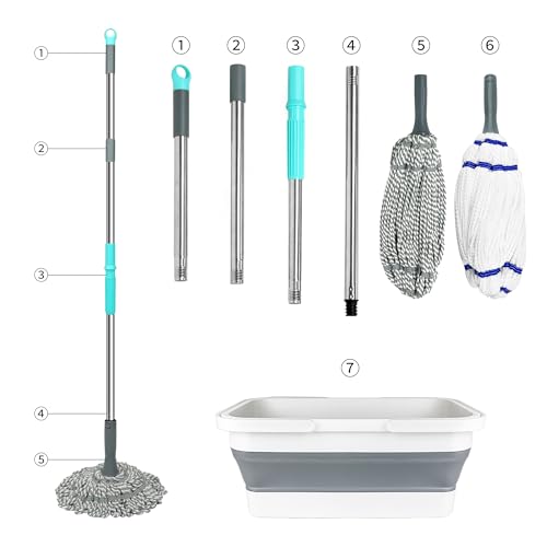 Self Wringing Mop with Bucket- Easy Squeeze Twist Mop with 52.5 Inch Long Handle, Heavy Duty for Hardwood, Tile, Vinyl & Laminate Floors (Gray+White) - color: Gray+white