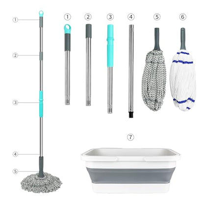Self Wringing Mop with Bucket- Easy Squeeze Twist Mop with 52.5 Inch Long Handle, Heavy Duty for Hardwood, Tile, Vinyl & Laminate Floors (Gray+White) - color: Gray+white