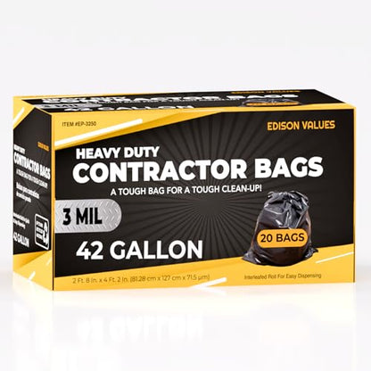 Contractor Garbage Bags 42 Gallon - Pack Of 20 Black 3 mil Strength Heavy Duty Trash Bags Garbage Bags, 32”X46” Heavy Duty Plastic Construction Contractor Bags - Trash Can Liners