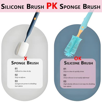 Baby Bottle Brush Set 3-in-1, Silicone Brush with Wall Mount Holder, 11" Long Handle + Nipple Brush + Straw Cleaner for Cups & Straws – BPA Free (Pink) - color: Pink