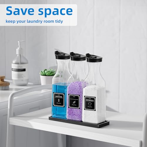 Laundry Detergent Dispenser,54OZ Laundry Soap Dispenser,Liquid Laundry Detergent Container,Fabric Softener Dispenser with Black Wood Tray,Laundry Room Organizer with 4 Labels - color: Black With Black Tray