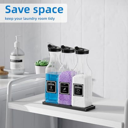 Laundry Detergent Dispenser,54OZ Laundry Soap Dispenser,Liquid Laundry Detergent Container,Fabric Softener Dispenser with Black Wood Tray,Laundry Room Organizer with 4 Labels - color: Black With Black Tray