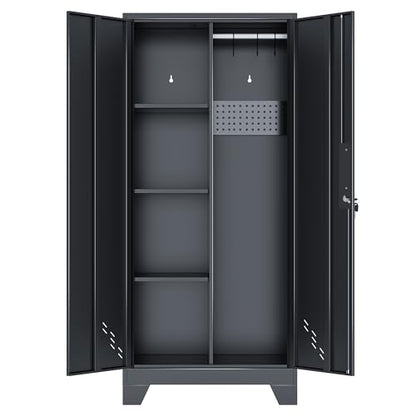 61" Metal Storage Cabinet with Lockable Doors, Cleaning Supply Cabinet with Pegboard and Hanging Rod. Garage Tool Storage Cabinets for Home, Laundry, Office, Home Kitchen Utility Cabinet - size: 61" Cabinet Black
