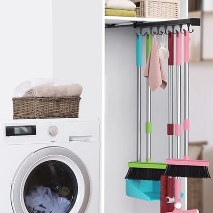 Pull Out Broom Holder With Adjustable Double Row Sliding Hook, Multifunctional Slide Broom And Mop Storage/Organizer Garage Organization Hooks, for Closet Laundry Garage Kitchen - 16.14inch