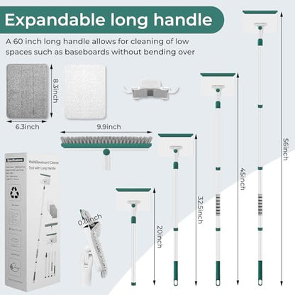 Baseboard Cleaner Tool with Handle, 60" Extendable Long Handle Baseboard Cleaner with 5 Reusable Pads for Baseboards Cleaning, Ceiling, Wall, Floor, Bathroom, Kitchen - size: Green