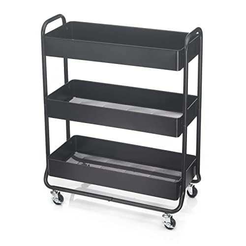 Simply Tidy Hudson Black 3-Tier Metal Rolling Cart - Multi-Functional Storage Cart for Home, Office, and Kitchen - 1 Pack