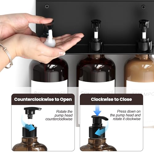 Shampoo and Conditioner Dispenser, Soap Dispenser Wall Mounted, 25.36 fl oz Set of 3 Amber Plastic Bottles Black Pump, Shower Soap Bottles Refillable with Labels for Bathroom