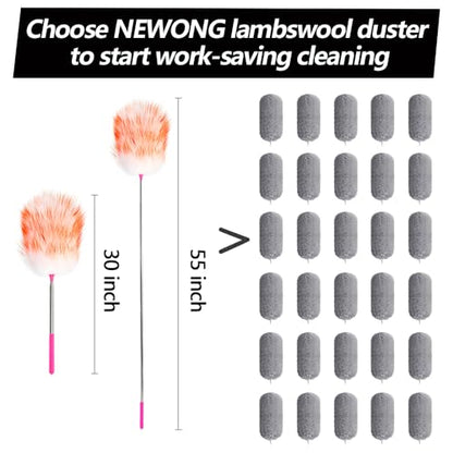 5PCS Extendable Lambswool Duster with 35-55 Inch Adjustable Aluminum Handle,Feather Duster Static Electricity Dust Adsorption, Reusable Cleaning Tool for Home, Car, Office, Ceiling, Furniture