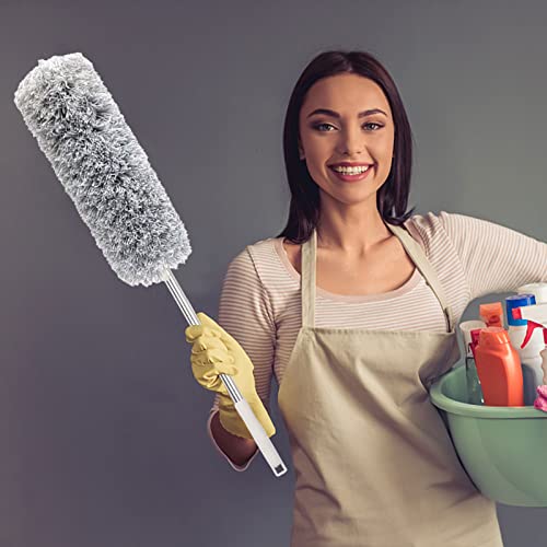 Microfiber Feather Duster Extendable Duster with 100'' Extra Long Stainless Steel Pole and Wire Brush Head, Bendable Head & Long Handle Dusters for Cleaning Ceiling Fan, Blinds, Furniture, Cars