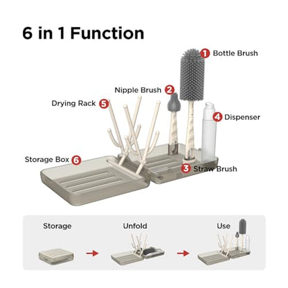 YOTIME Travel Bottle Brush Set, Auto-Open Rack & Vertical Brushs Drying Slots, 3 Brushes, Foldable Drying Rack, Dispenser, Travel Baby Essentials for On-The-Go Parents, Transparent Coffee - color: Transparent Coffee
