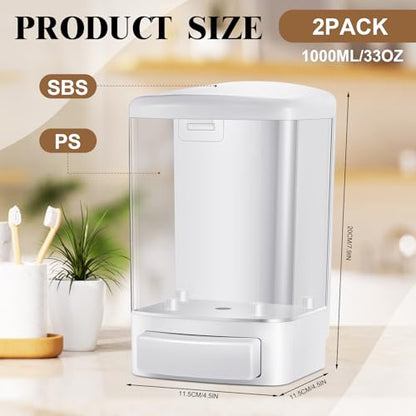 Hushee 2 Pcs Commercial Soap Dispenser Hand Wall Mounted Bathroom 33.8oz/1000ml Manual Soap Dispenser Liquid Containers with Pump White Shower Plastic Wash Wall Container Shampoo Gel for Kitchen Hotel - color: White, size: ['33.8 fl oz']