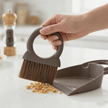 Mini Broom and Dustpan Set with Round Handle, Compact Small Hand Broom with Soft Bristles for Kitchen Counter, Desk, Drawer, Pet Area & Car Interior, Space-Saving Portable Cleaning Tool (Coffee) - color: Coffee