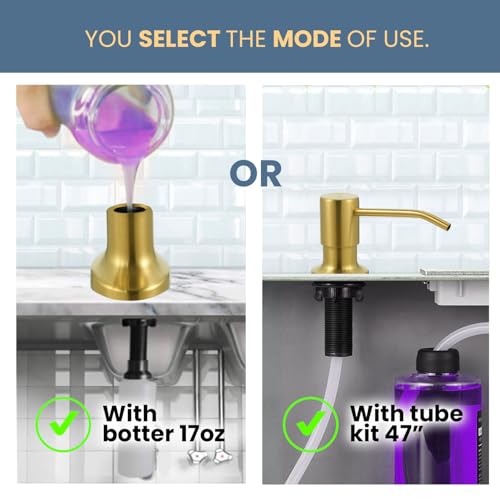 SBEN Built-in Kitchen Sink Soap Dispenser – Stainless Steel Pump, 17 oz Bottle and Extension Tube Kit 47", Upgraded Metal Check Valve, Countertop Hand Soap & Lotion Dispenser (Gold Brushed) - color: Gold Brushed