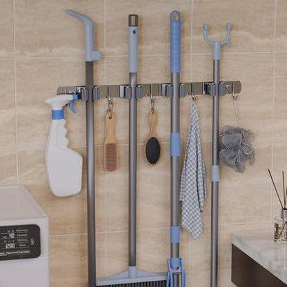 Mop Broom Holder Wall Mount, 4 Racks 5 Hooks Stainless Steel Storage Organizer for Home, Kitchen, Garden, Laundry room, Garage tool storage