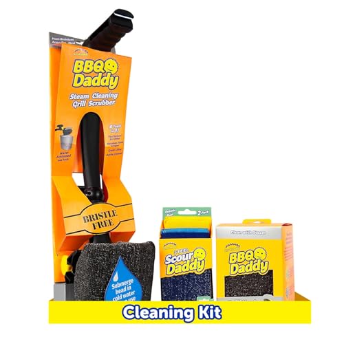 Scrub Daddy BBQ Daddy Grill Cleaner Kit - Bristle Free Grill Brush with Refill + 2 Steel Scour Daddy Grill Sponges - Built-in Grill Scraper - Temperature Controlled Grill Cleaning Tools (4 Count) - style: BBQ Daddy + Refill + Scour Daddy Steel 2ct Bundle