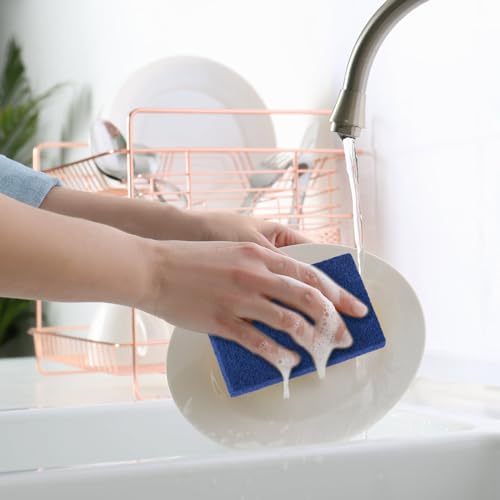 Hoolerry 100 Pcs Heavy Duty Scouring Pads Non Scratch Household Scrub Pads for Cleaning Reusable Pan Scrubber Anti Grease Scrubbing Pads for Dish Kitchen Metal Grills, 4.3 x 3 x 0.3 in (Blue) - color: Blue