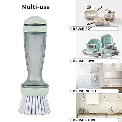 CQT Dish Brush with Soap Dispenser – One-Press Suds, Built-in Scrubbing Pad, Non-Slip Handle for Pots, Pans & Non-Stick Cookware – Includes 2 Refill Heads - color: Green