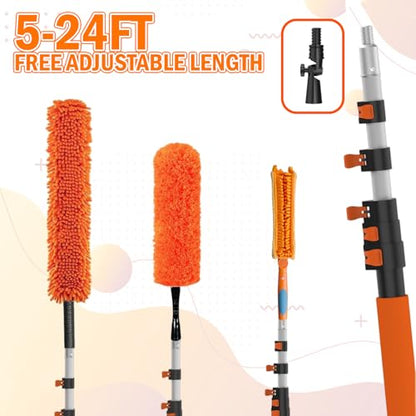 LAANPOLE 30FT Reach Ceiling Fan Cleaner Duster, Fan Blade Cleaner Kit with 5-24FT Extension Pole, Microfiber Duster & Replaceable Cleaning Cloth for Blades, Ceiling, Furniture - size: 24FT