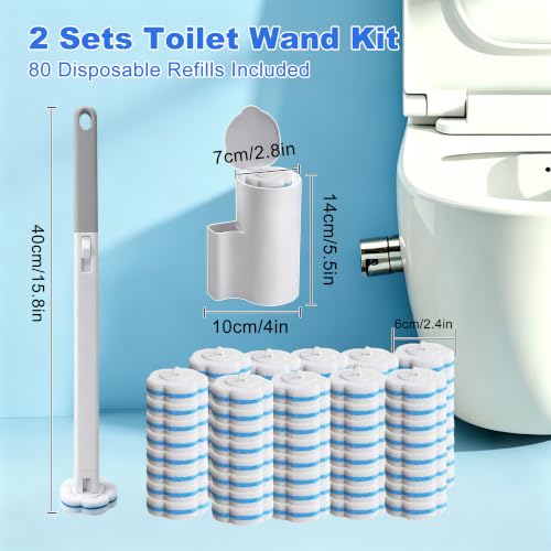 Disposable Toilet Brush and Holder, 2-Piece Wall Mounted Cleaning System with 80 Refills, for Bathroom, Sink and Bathtub