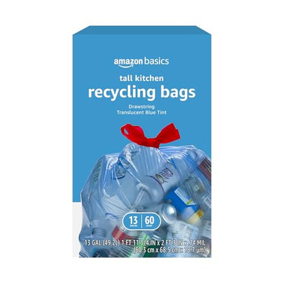 Amazon Basics Blue Recycling Drawstring Trash Bags, Tall Kitchen, Unscented, 13 Gallon, 60 Count (Pack of 6) - size: 60 Count (Pack of 6)