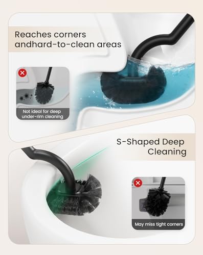 Cesun Toilet Brush and Holder Set, Curved Toilet Bowl Brush for Under Rim Cleaning, 304 Stainless Steel Holder, Weighted Base, Long Handle Toilet Scrubber, 2 Brush Heads, Black - color: Black