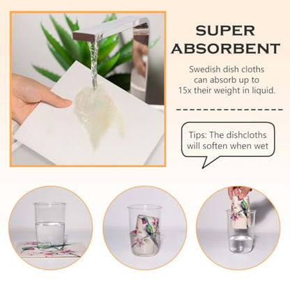 Bird Swedish Dishcloths 2 Pcs for Kitchen, Absorbent Reusable Cellulose Sponge Cloths, Washable Eco Friendly Kitchen Towels for Housewarming & Home, Nature Themed Cleaning Supplies - color: Sz 1439