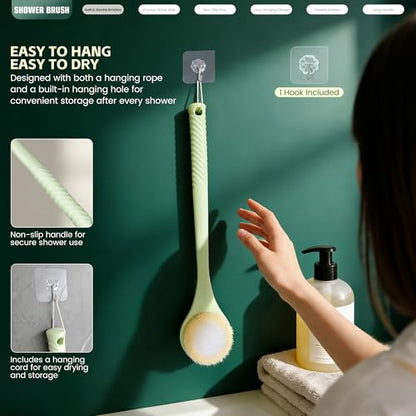 Back Scrubber for Shower, Long Handle Exfoliating Brush, Dual-Sided Bath Brush with Soft Bristles & Volcanic Pumice Stone, Anti-Slip Grip for Men & Women (Green) - color: Greenb