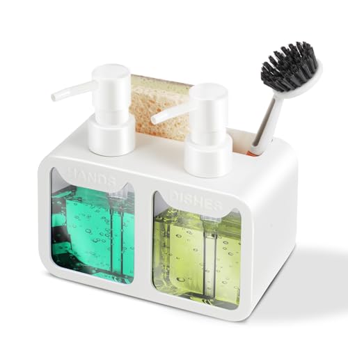 Kitchen Soap Dispenser Set, with Hand and Dish Soap, Sponge Caddy and Brush Holder 4-in-1 Kitchen Dual Soap Dispenser Set for Kitchen Sink, Bathroom - White - color: White