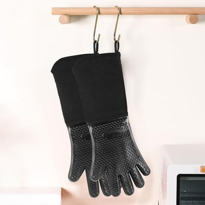 1 Pair Extra Long Professional Oven Mitts, Non-Slip Silicone Grip Heat Resistant,19.7" Length,Up to 572℉ for BBQ Cooking Baking Grilling (Black) - color: Black