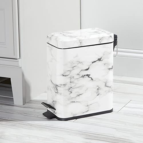 mDesign Small Modern 1.3 Gallon Rectangle Metal Lidded Step Trash Can, Compact Garbage Bin with Removable Liner Bucket and Handle for Bathroom, Kitchen, Craft Room, Office, Garage - White Marble - color: White Marble, size: 1.3 Gallon
