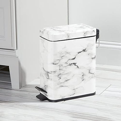 mDesign Small Modern 1.3 Gallon Rectangle Metal Lidded Step Trash Can, Compact Garbage Bin with Removable Liner Bucket and Handle for Bathroom, Kitchen, Craft Room, Office, Garage - White Marble - color: White Marble, size: 1.3 Gallon