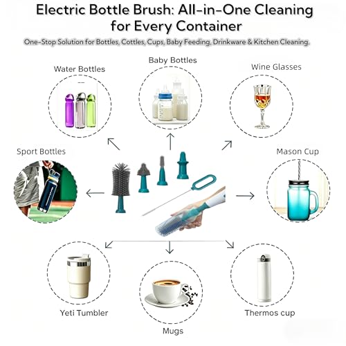 Electric Bottle Brush Set, 6-in-1 Electric Cleaning Brush with Waterproof Silicone Cleaner, 3 Replaceable Brush Heads, Straw Brush & Extension Rod, for Baby Feeding Supplies and Kitchen Utensils - color: Malachite Green